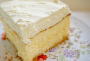 פרוסת עוגת גבינה גבוהה עם קצפת על צלחת פרחונית. מתכון לעוגת גבינה מושלמת לפסח. גבישס - בלוג האוכל של מירב גביש
